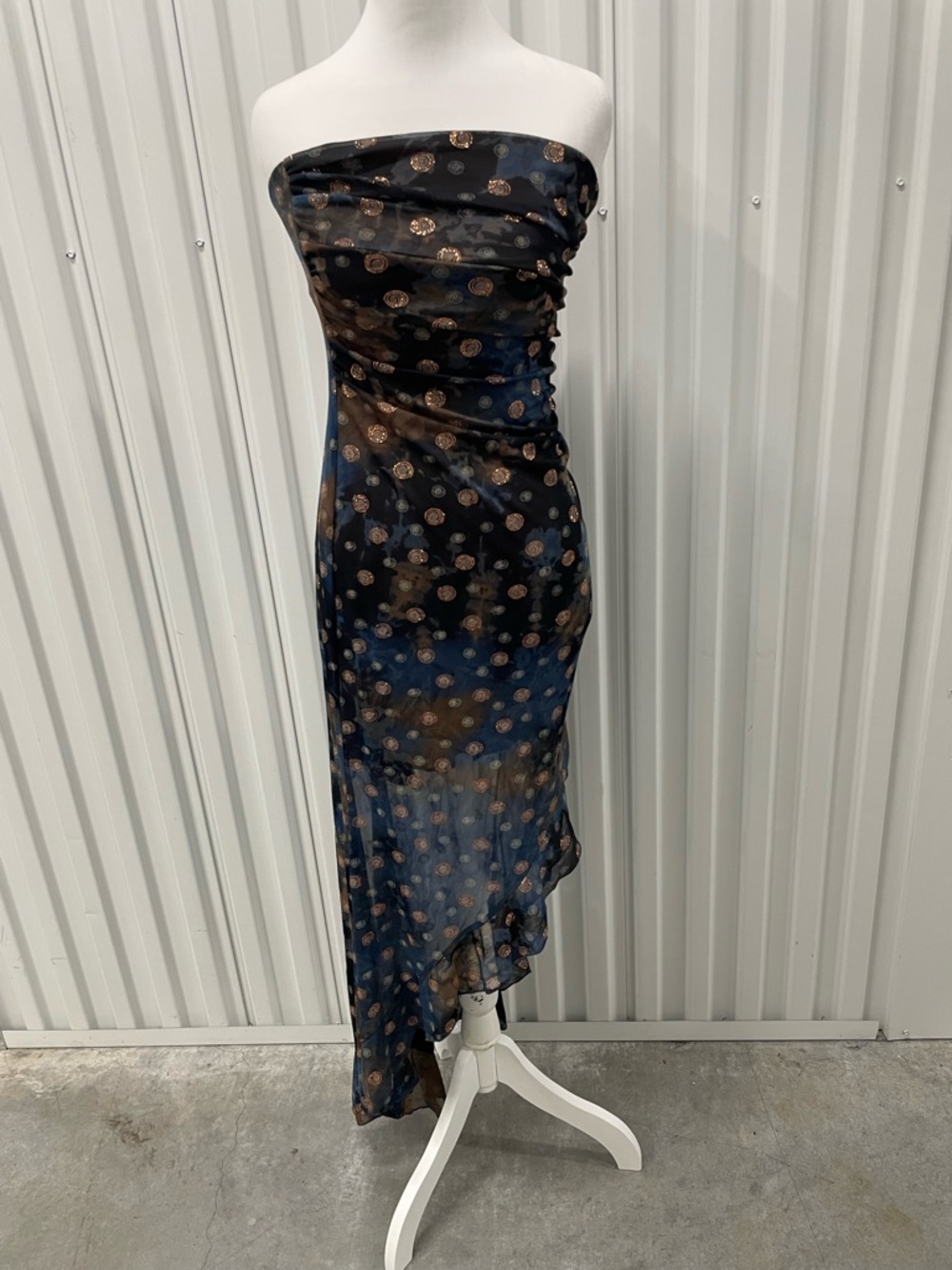 Vintage Y2K Strapless Ruched Asymmetric Ruffle Sheer Midi Dress Small Whimsigoth
